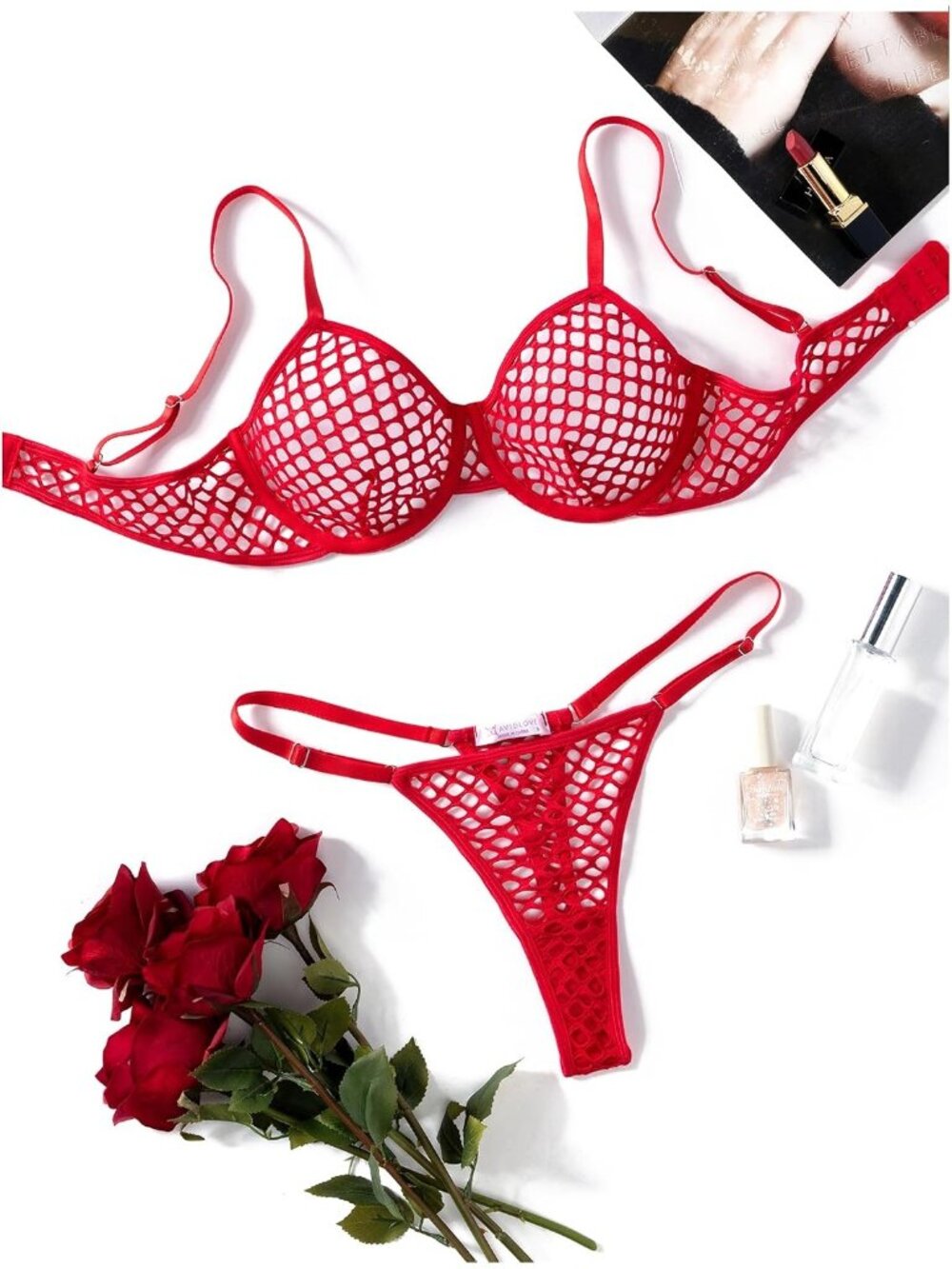 Women's Deep Red Adjustable Strap Fishnet Push Up Bra & Thong Underwear 2 Piece